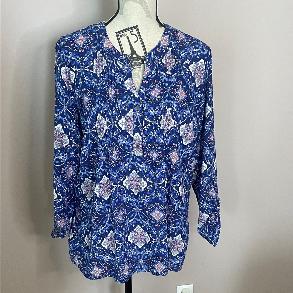 Notations Blue and White Patterned Blouse